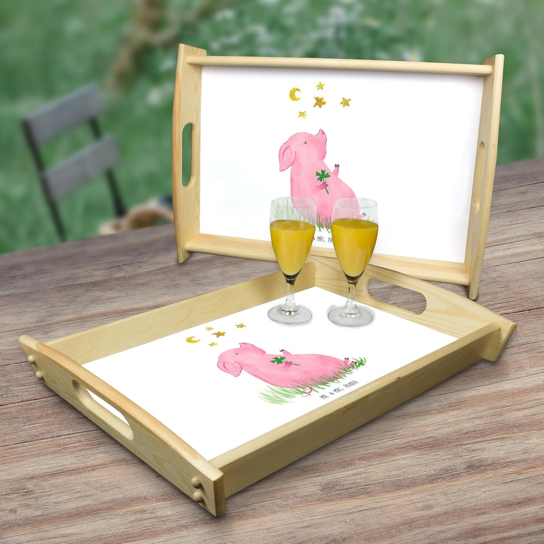Mr. & Mrs. Panda Dekotablett Schwein Glück - Geschenk, Schweinchen, Frühstückstablett, Serviertablet
