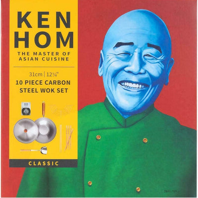 Ken Hom KH331103 Carbonstahl Wokpfanne Set, 31cm, Classic, Wok mit Deckel, Kochbuch, Ablagegitter un