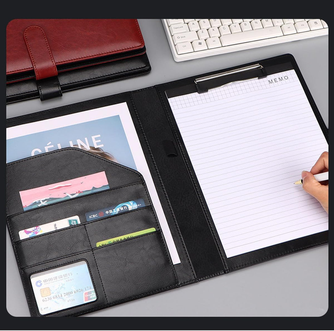 Schreibmappe A4, PU-Leder Klemmbrett mit Deckel, A4 - Ordner Konferenzmappe für Schule, Büro (Schwar