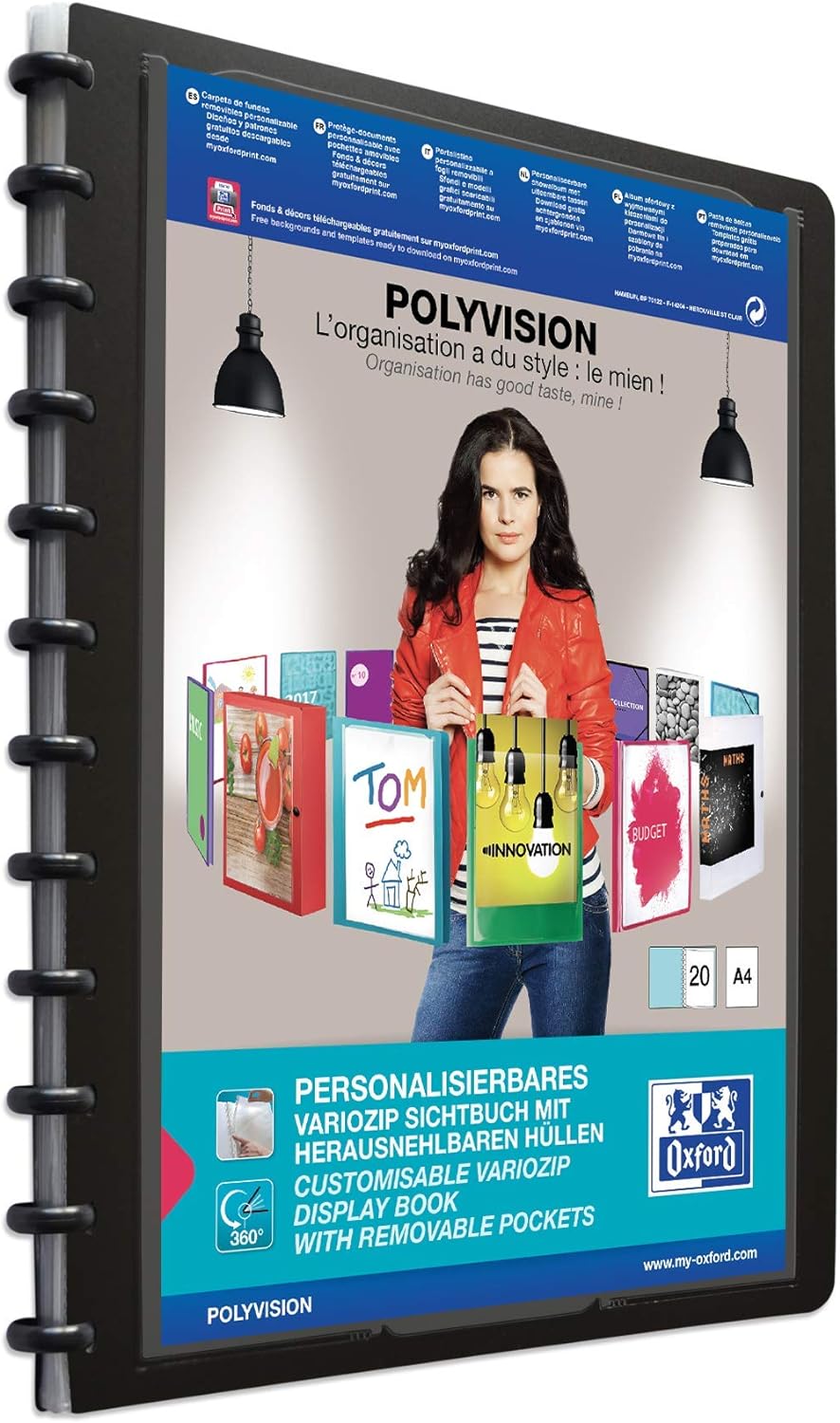 Oxford polyvision Ringmappe A4, mit vario-zipp, 20 Hüllen, schwarz, 5er Pack & Ring-Mappe A4, polyvi