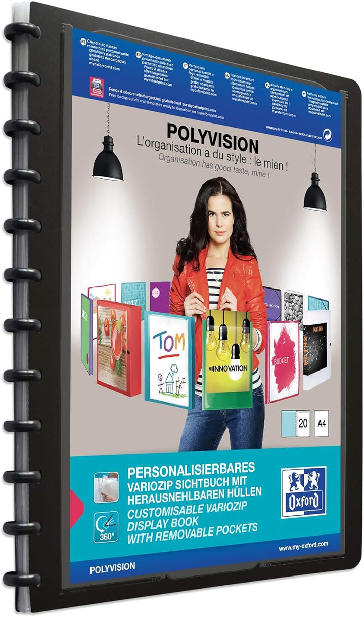 Oxford polyvision Ringmappe A4, mit vario-zipp, 20 Hüllen, schwarz, 5er Pack & Ring-Mappe A4, polyvi