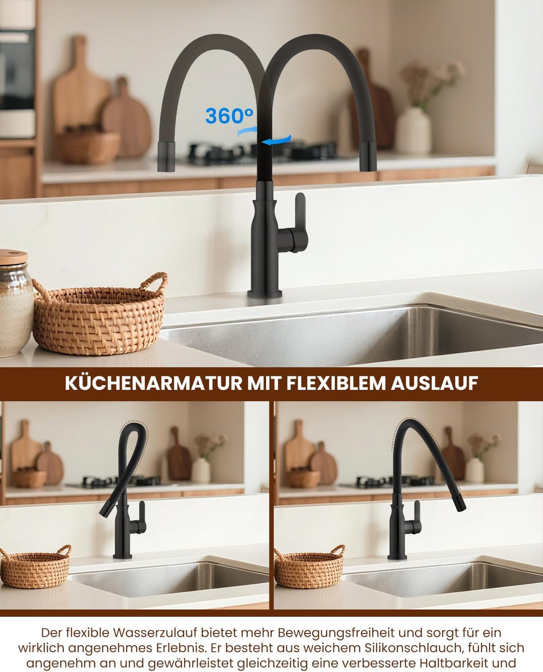 APPASO Flexibler Wasserhahn Küche Schwarz, Spültischarmatur 360° Schwenkbar, Küchenarmatur Schwarz M