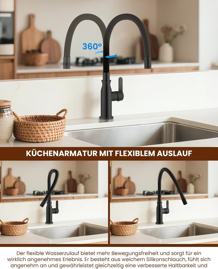 APPASO Flexibler Wasserhahn Küche Schwarz, Spültischarmatur 360° Schwenkbar, Küchenarmatur Schwarz M