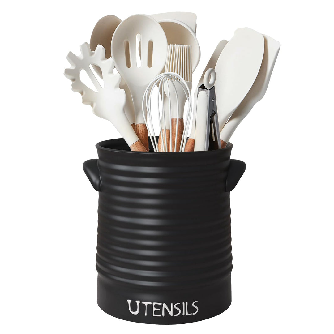 Karisky Kitchen Utensil Holder for Countertop, 6.2" Large Ceramic Utensil Crock with Cork Mat, Handl