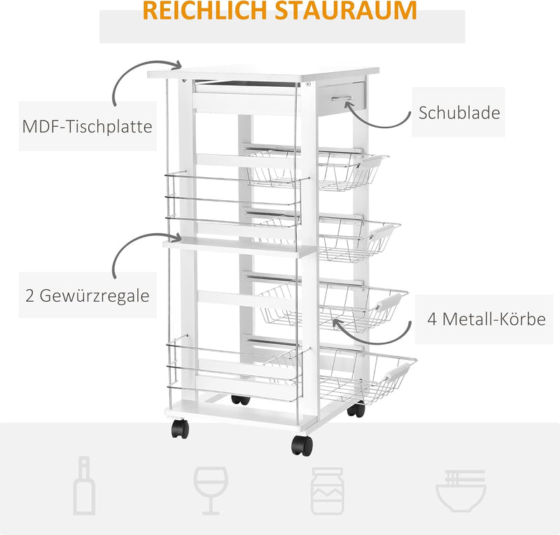 HOMCOM Küchenwagen Servierwagen 5 Ebenen mit Schublade Rollwagen Küchenregal mit Rollen Arbeitsplatt