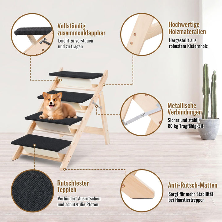 Hundetreppe 2 in 1 Hunderampe, Klappbare Haustiertreppe 65,5cm Hoch, 4-Stufig Faltbare Katzentreppe,