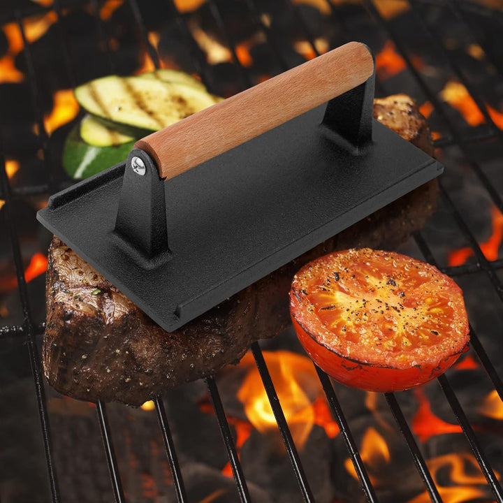 Onlyfire 1kg Gusseisen Burgerpresse mit Holzgriff | Burger Smasher, Smashed Burger Presse für Gleich