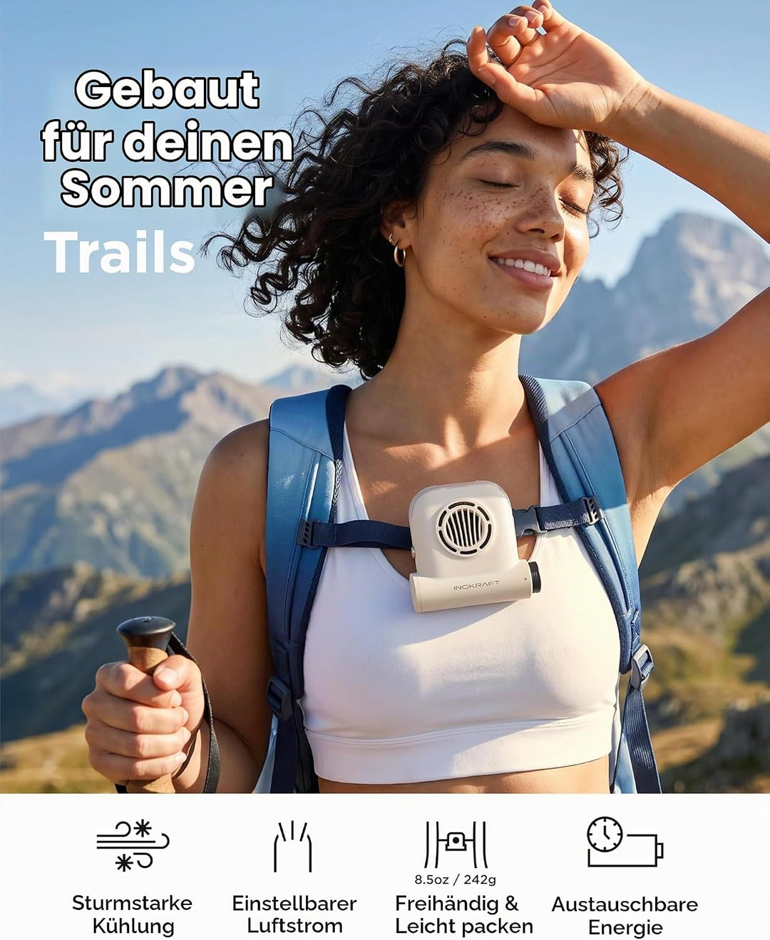 InoKraft Freihändiger Clip-Ventilator, tragbarer Ventilator mit 4Ah Wechselakku, 49 ft/s Turbo Fan,