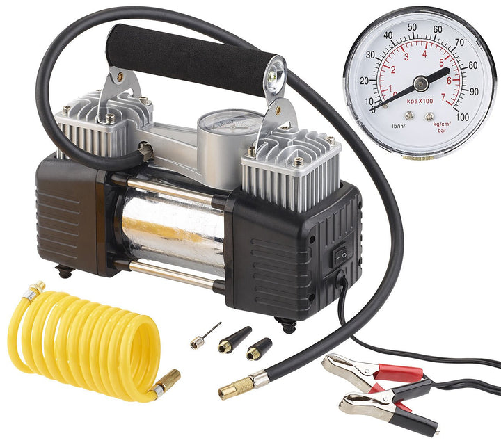 Lescars Luftkompressor 12 Volt: Mobiler Luft-Kompressor, Manometer, 12 V, 100 psi, 288 Watt, 3 Adapt