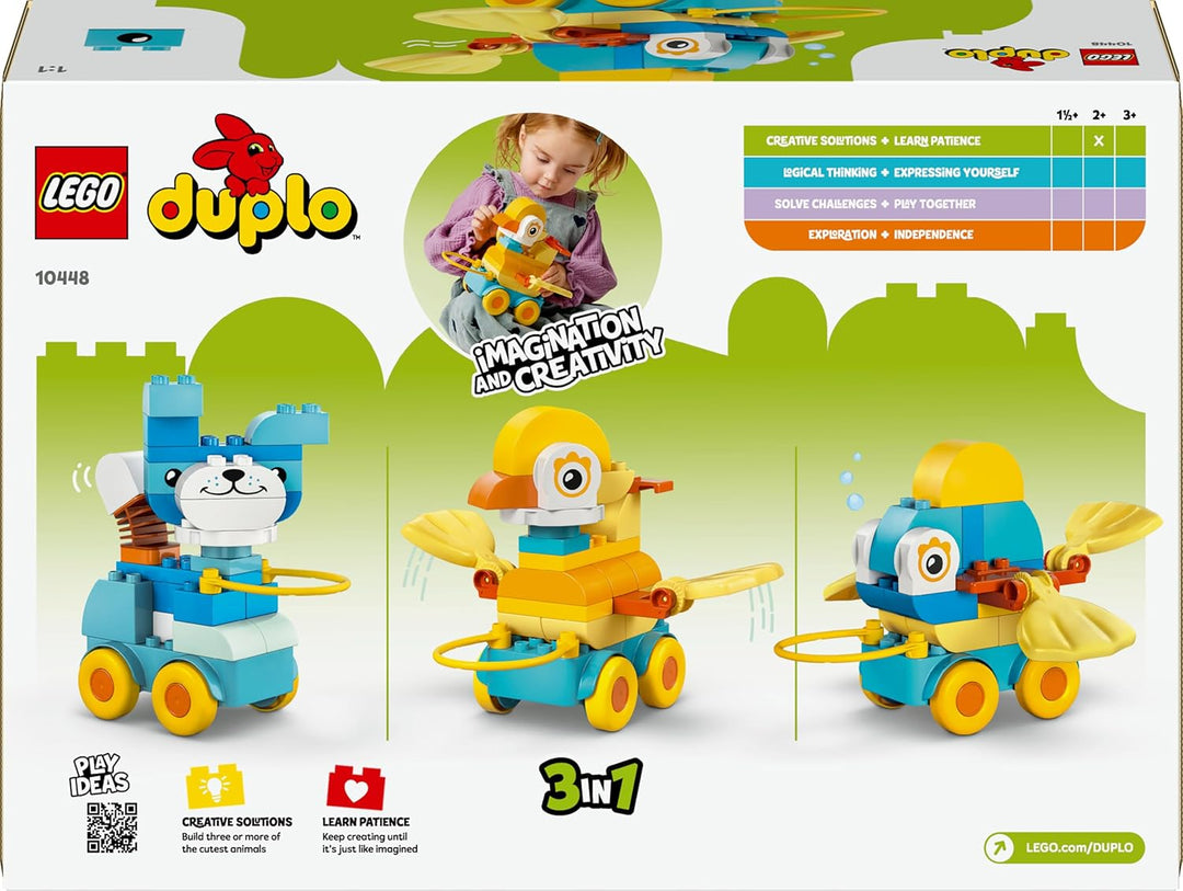 LEGO DUPLO Town Tiere auf Rädern 3-in-1-Set - Montessori Spielzeug zum Bauen von Ente, Fisch oder Hu