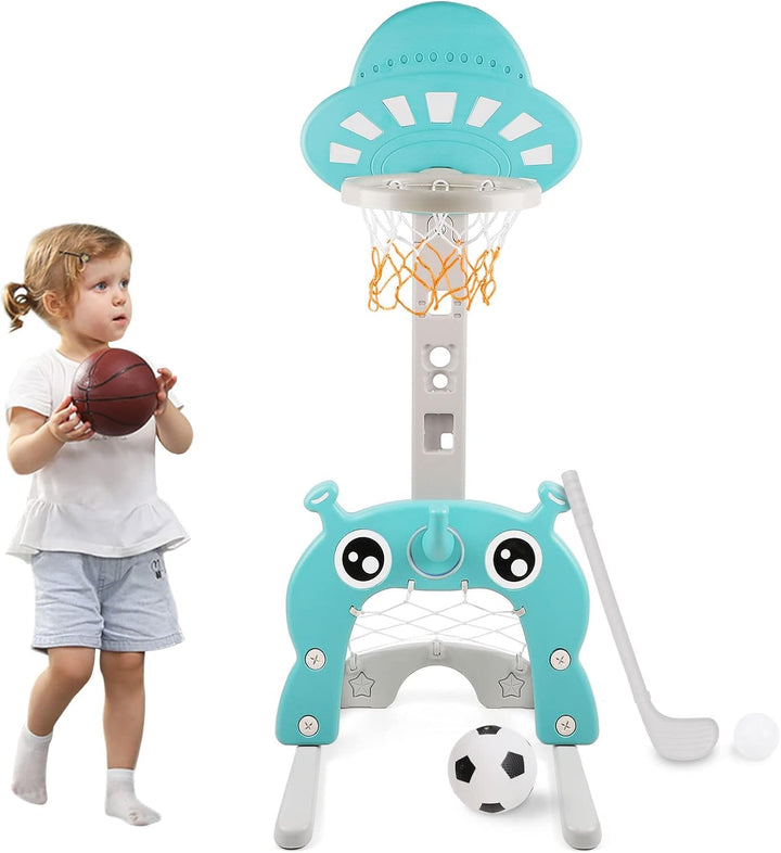 Kinder Basketballkorb,Höhenverstellbarer Basketballkorb,mit Fussballtor, Golf-Ständer und Ringwurfsp