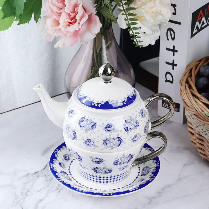 fanquare Vintage Blaue Blumen Tea for One Set, Tupfen Porzellan Kaffeetassen Set mit Teekanne, Tasse