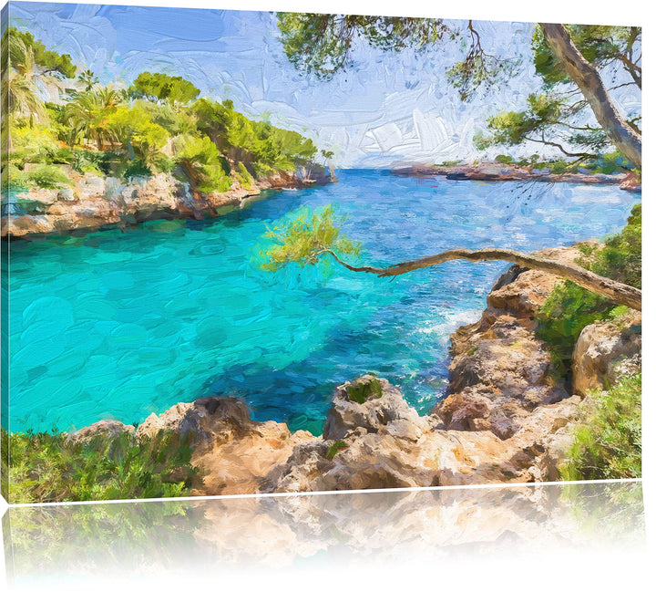 Pixxprint Idyllische Ansicht des Mittelmeers am Mallorca Bay Cove Kunst Pinsel Effekt, Format: 100x7