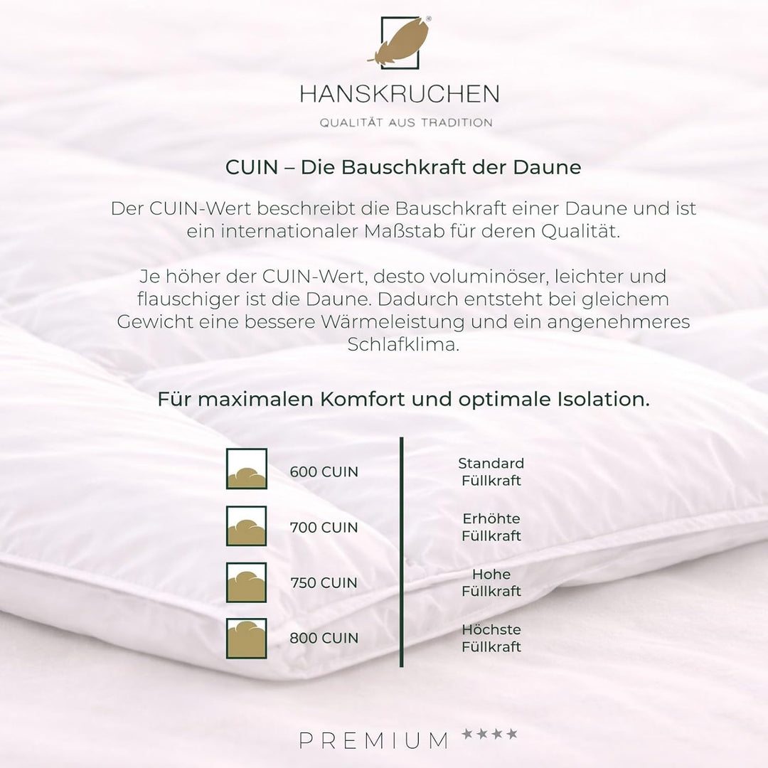 Hanskruchen® Premium **** Daunendecke 200x220 cm - MEDIUM/Ganzjahres - Made in Germany Kassettendeck