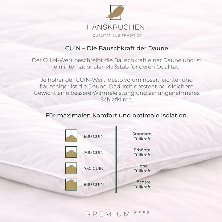 Hanskruchen® Premium **** Daunendecke 200x220 cm - MEDIUM/Ganzjahres - Made in Germany Kassettendeck