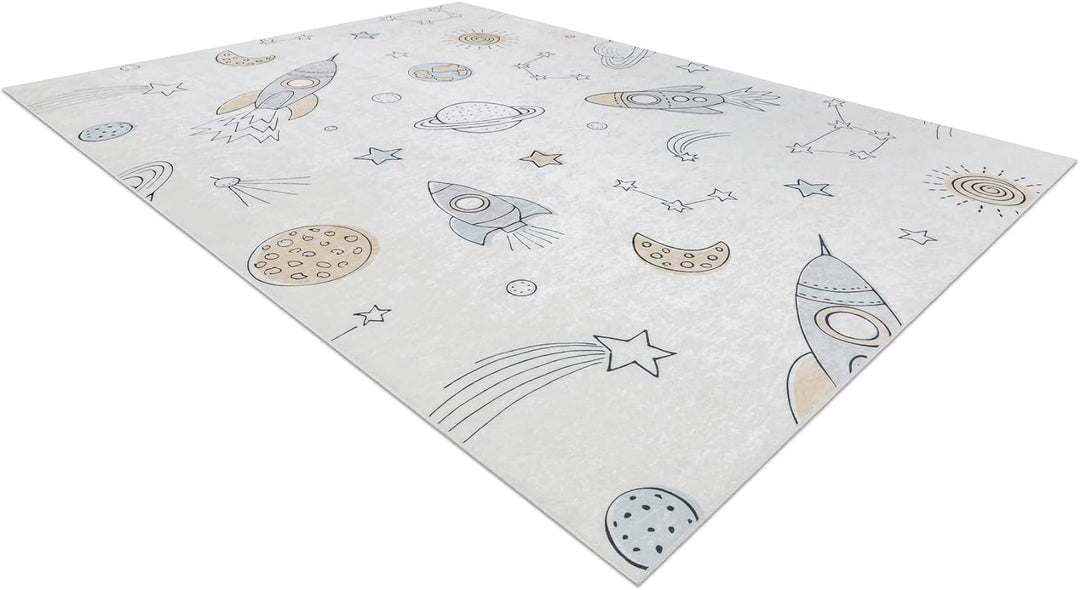 Kinderteppich Bambino Waschteppich Weltraum, Rakete für Kinder Anti-Rutsch - Creme 160x220 cm 160x22