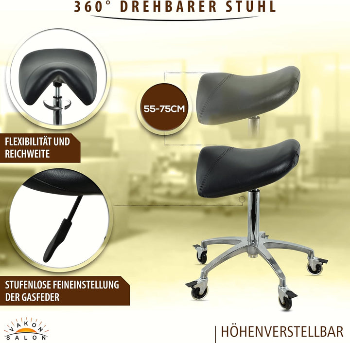Premium Sattelhocker schwarz mit Bremse, Sattelstuhl für Rückenentlastung, Rollhocker höhenverstellb