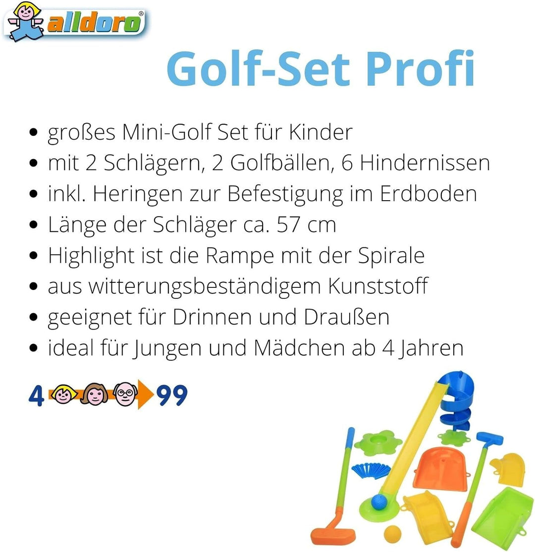 alldoro 60064 Garten Golf Set, 22 Teilen, Kindergolf mit 6 Hindernissen, 2 Schläger und 2 Golfbälle,