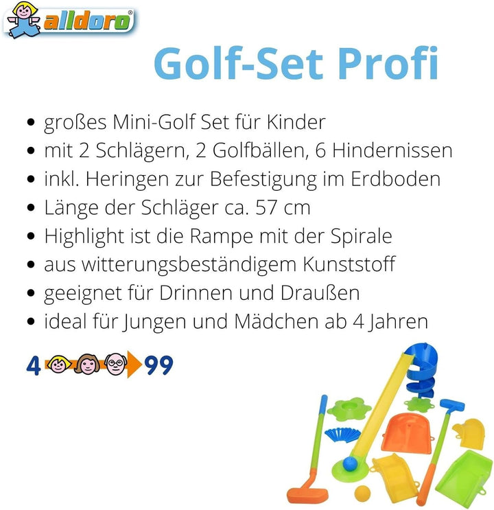 alldoro 60064 Garten Golf Set, 22 Teilen, Kindergolf mit 6 Hindernissen, 2 Schläger und 2 Golfbälle,