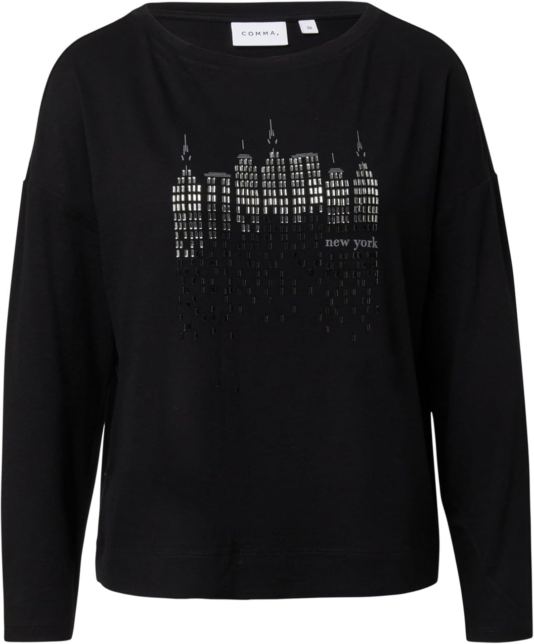 Comma Langarmshirt mit Frontprint und Strassdetails 46 99l0_schwarz, 46 99l0_schwarz