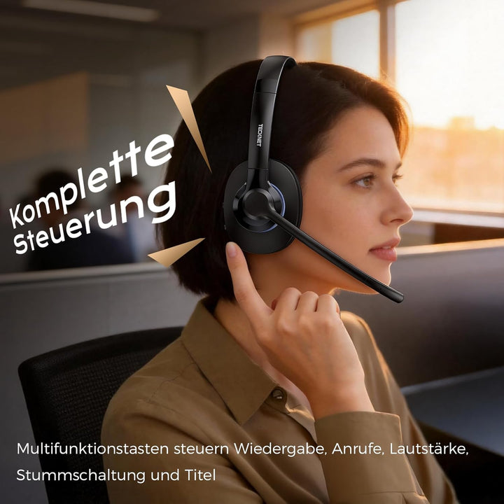 TECKNET V5.2 Bluetooth Headset mit Mikrofon, Wireless Headset mit Noise Cancelling