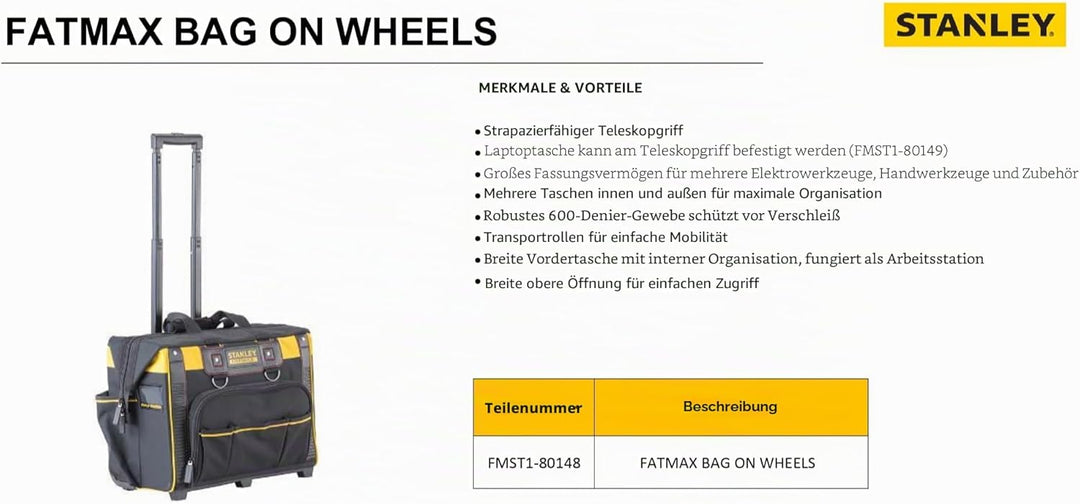 Stanley FatMax Werkzeugkoffer (mit leichtgängigen Rollen, strapazierfähige, grosse Öffnung, Teleskop