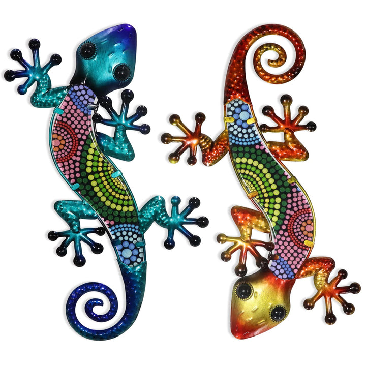 HONGLAND Metall-Gecko-Wandkunst, 2 Stück, 38,1 cm, Eidechse, Outdoor-Dekoration, hängende Glasskulpt
