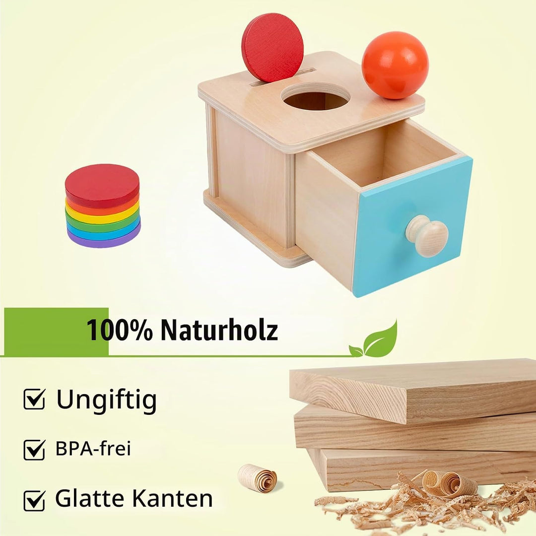 Adena Montessori Spielzeug ab 6 Monate – 2-in-1 Holz Münzbox &amp; Ballbox für Babys – Lernspielzeug zur