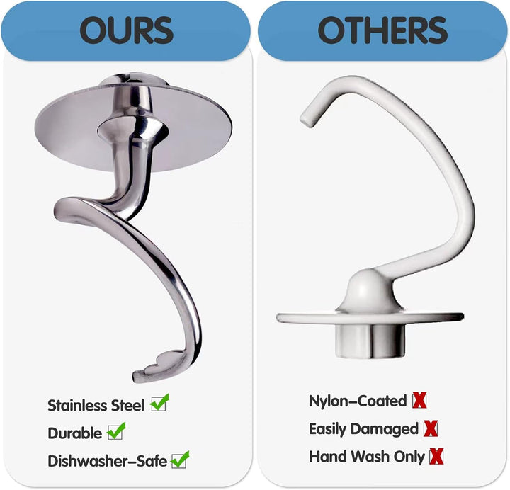 Knethaken Edelstahl für KitchenAid 4,5–5 Quart Mittelgrosse Küchenmaschinen mit kippbarem Motorkopf,