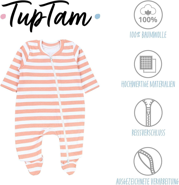 TupTam Unisex Schlafstrampler 3er Pack Baumwolle mit Reissverschluss 56 Streifen Beige Grau Blau, 56