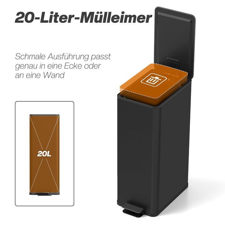 HOMCOM Mülleimer 20 L Treteimer mit Softclose-Deckel und Pedal Abfalleimerinkl. Inneneimer Abfallsam