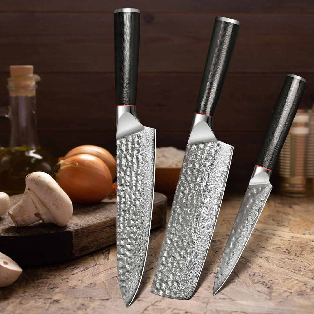 Home Safety Damast Kochmesser, 3STK Damastmesser Set VG10-Kernstahl mit 67 Schichten, professionelle