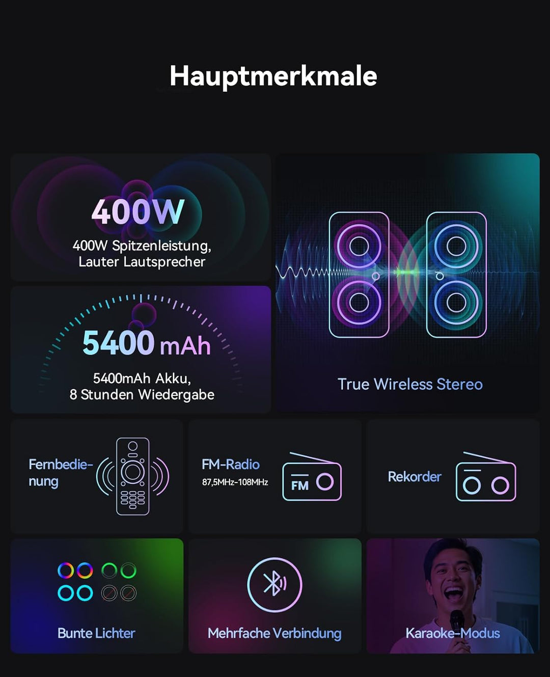 GKD60 Karaoke Maschine mit 2 Mikrofonen 4-13 Stunden Akkulaufzeit Karaoke Anlage 500W Spitzenleistun
