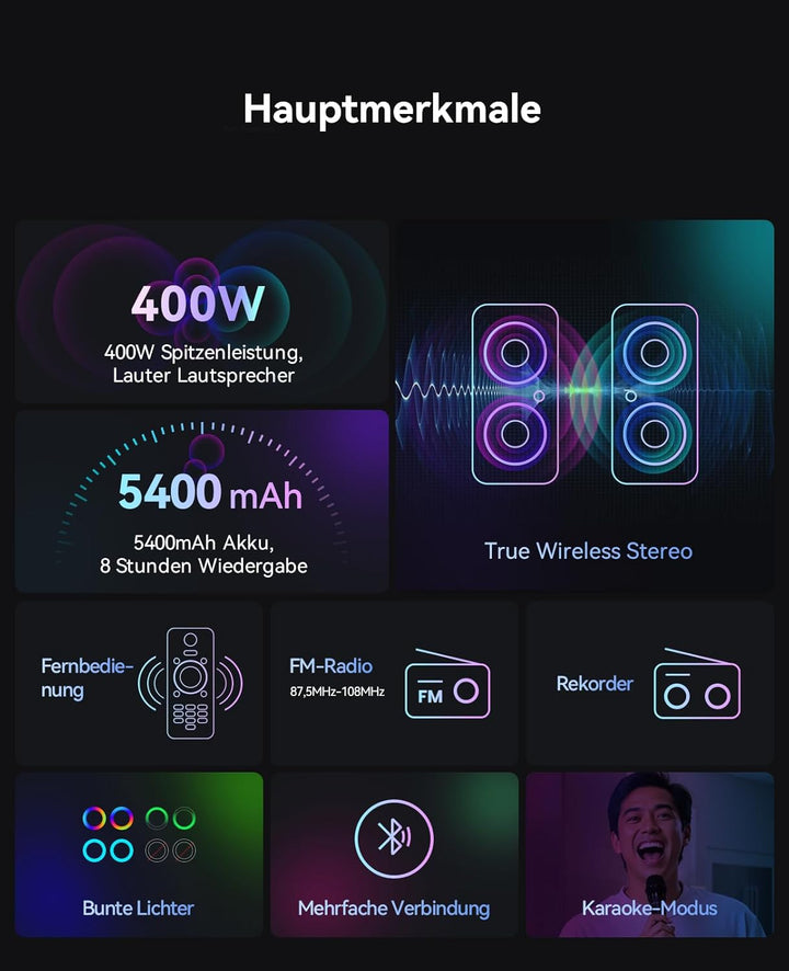GKD60 Karaoke Maschine mit 2 Mikrofonen 4-13 Stunden Akkulaufzeit Karaoke Anlage 500W Spitzenleistun