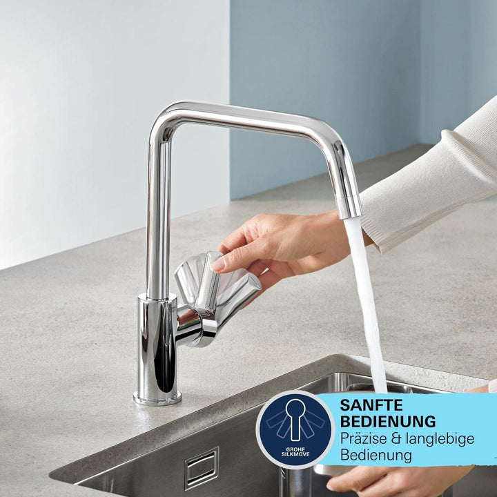GROHE Start, Niederdruck Küchenarmatur mit hohem Auslauf (Wasserhahn Küche für offene Warmwasserbere