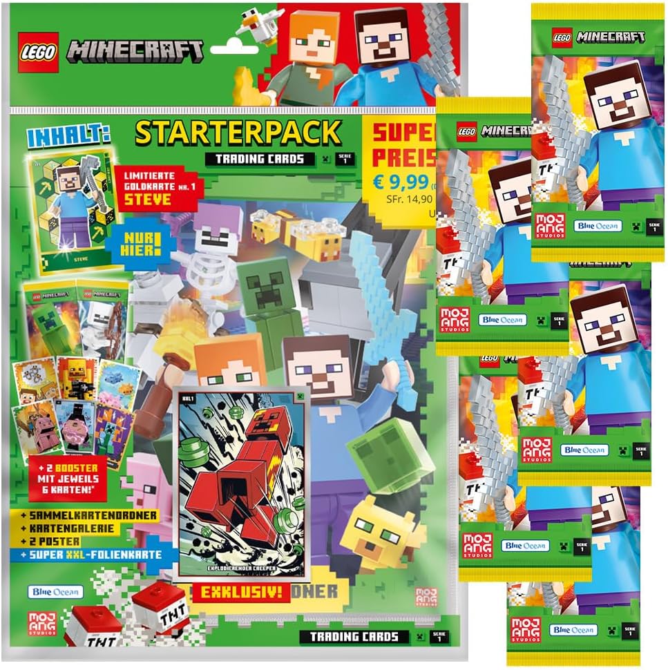 Bundle mit Lego Minecraft Serie 1 Trading Cards - 1 Starter + 5 Booster + 2 Limitierte Star Wars Kar