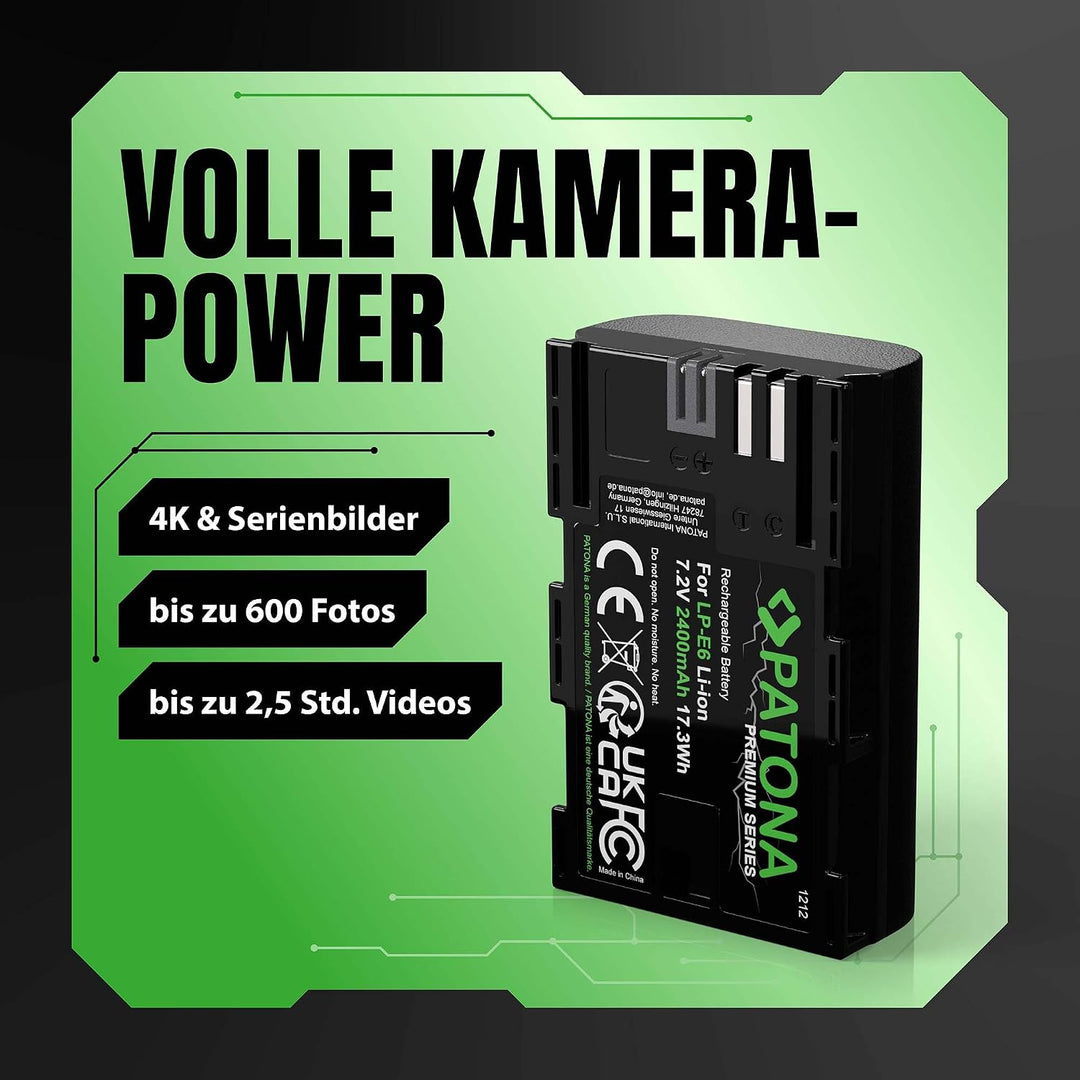 PATONA 2X Premium LP-E6 Akku 2400mAh Ersatzakku kompatibel mit Canon EOS 5D Mark II III IV 5DS R R5