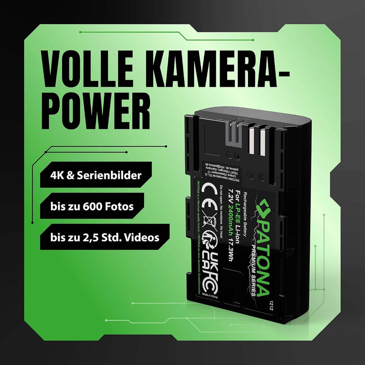 PATONA 2X Premium LP-E6 Akku 2400mAh Ersatzakku kompatibel mit Canon EOS 5D Mark II III IV 5DS R R5
