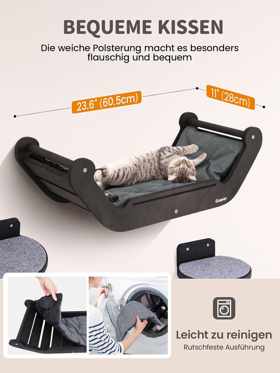Kletterwand Katzen Set mit Katzenbett und 3 Stufen, Katzenmöbel aus Holz Katzentreppe, Katzen Wandel