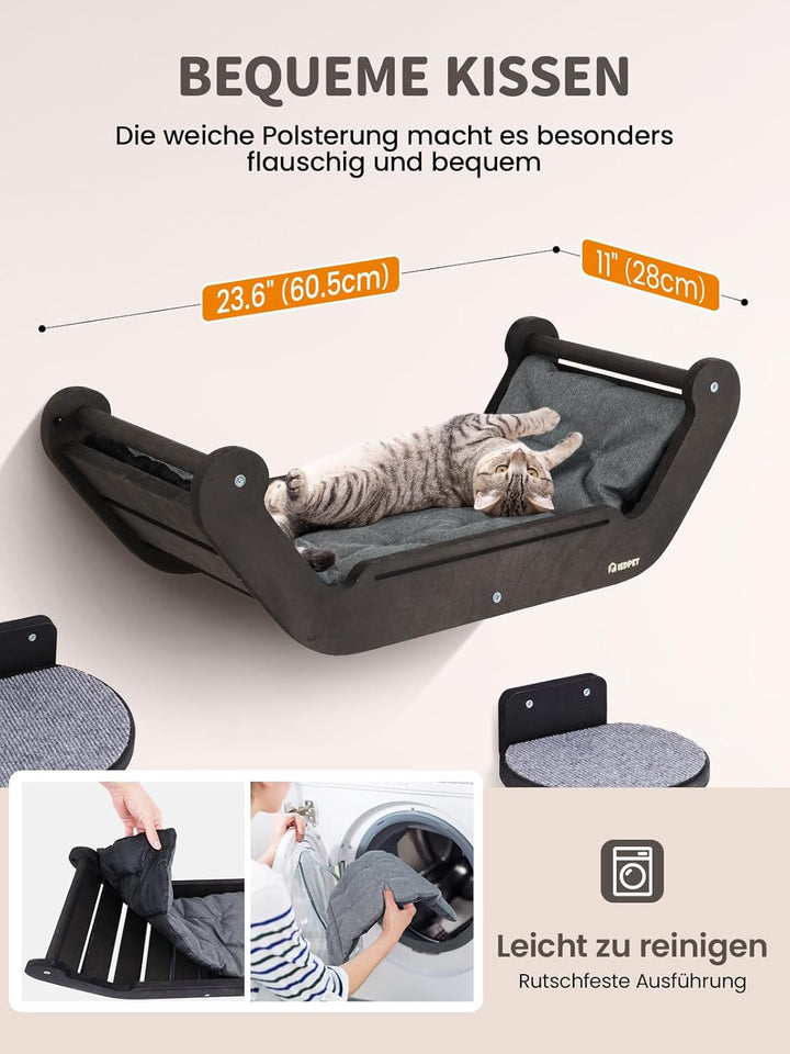 Kletterwand Katzen Set mit Katzenbett und 3 Stufen, Katzenmöbel aus Holz Katzentreppe, Katzen Wandel