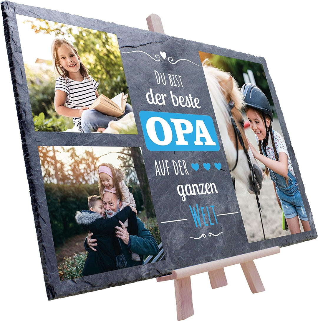 wandmotiv24 Schiefertafel Bester Opa mit Holz-Staffelei, Personalisiert mit 3 Farb-Fotos, Digitaldru