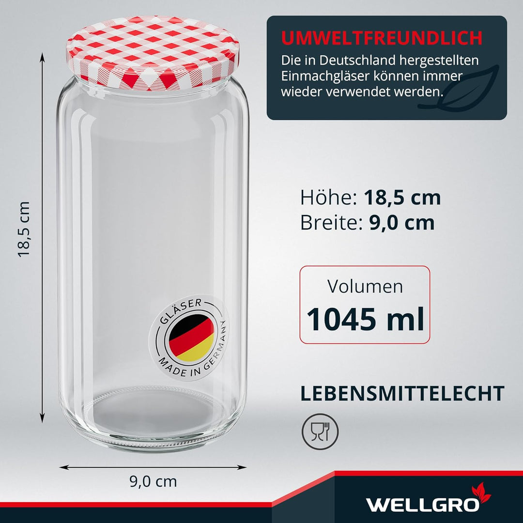 WELLGRO Einmachgläser mit Schraubdeckel TO 82 – rot kariert - Made in Germany - Luftdichte Rundgläse