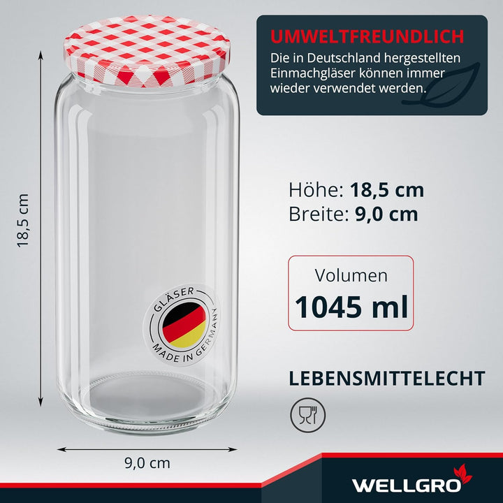 WELLGRO Einmachgläser mit Schraubdeckel TO 82 – rot kariert - Made in Germany - Luftdichte Rundgläse