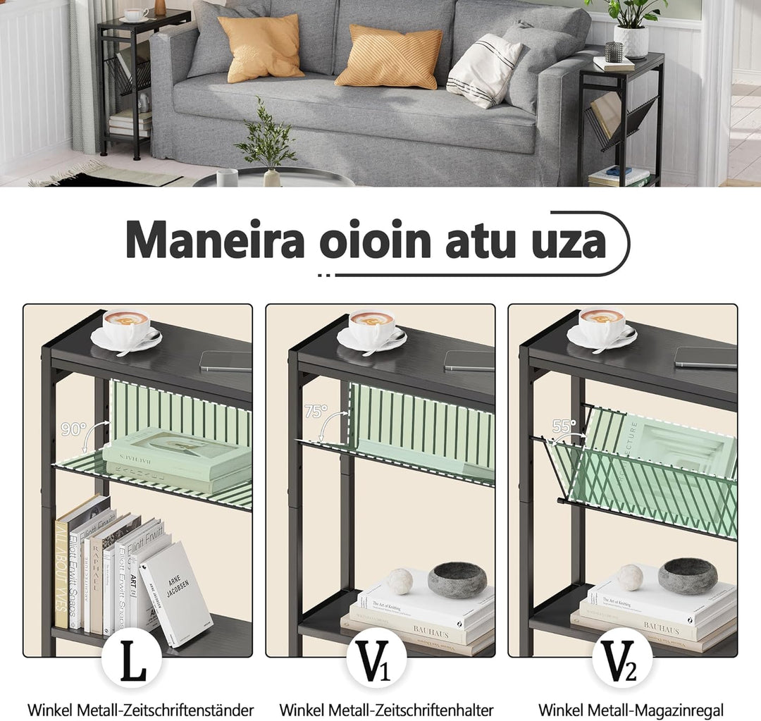 Schmaler Beistelltisch, 2er Set 3 Ablagen Nachttisch Schmal mit Zeitschriftenhalter, Sofa beistellti