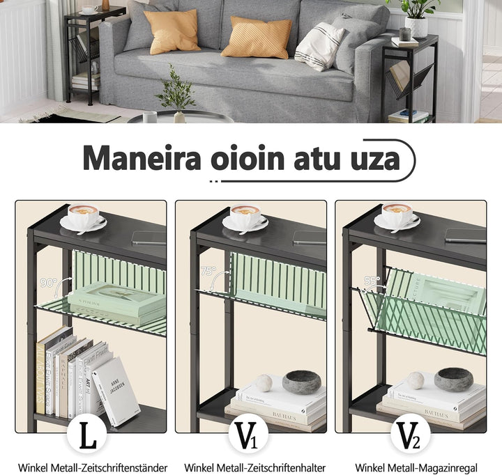 Schmaler Beistelltisch, 2er Set 3 Ablagen Nachttisch Schmal mit Zeitschriftenhalter, Sofa beistellti