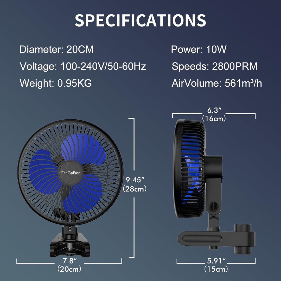 FanGoFast Grow Ventilator mit Clip EC-Motor, 10 Geschwindigkeitsstufen, Grow Clip-Ventilator Klemmba