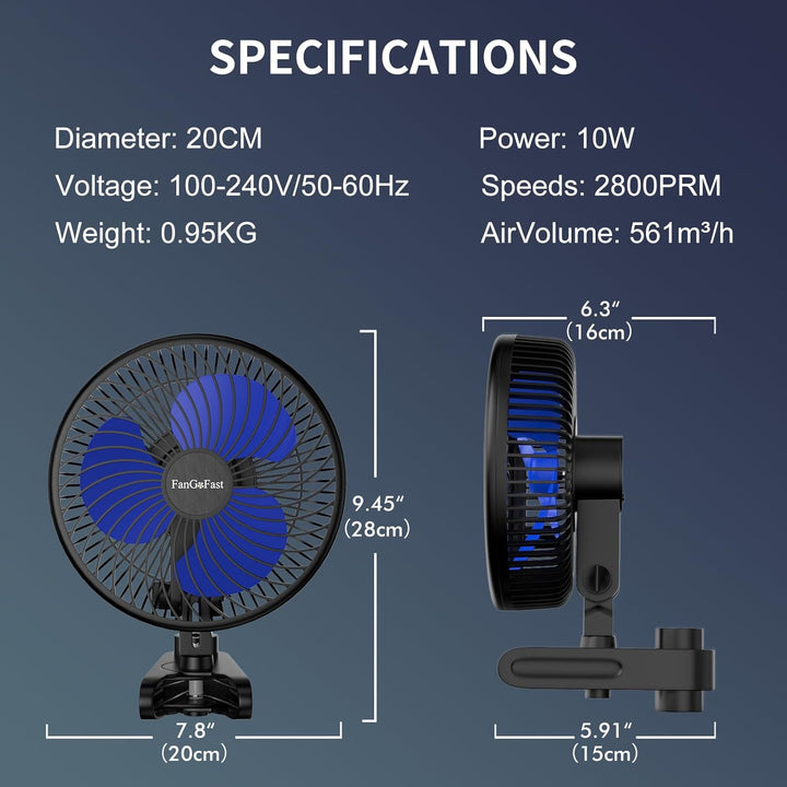 FanGoFast Grow Ventilator mit Clip EC-Motor, 10 Geschwindigkeitsstufen, Grow Clip-Ventilator Klemmba