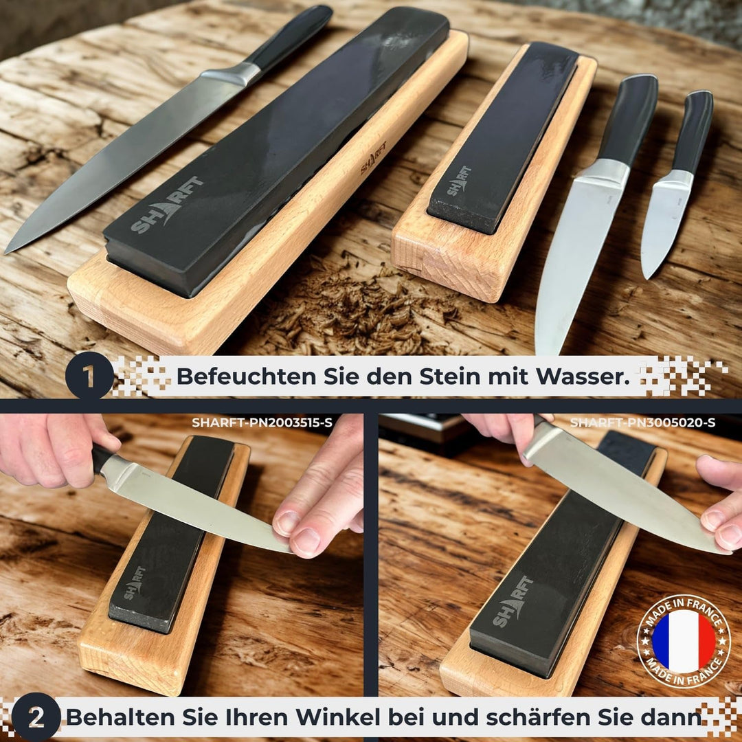 SHARFT, natürlicher Schleifstein aus den Pyrenäen 800/1000 + Holzsockel. Schleifstein mit 2 Körnunge