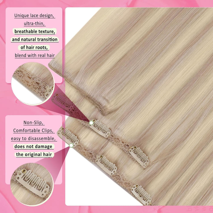 YoungSee Echthaar Extensions Clip Blond Doppelt Tressen Clip in Extensions Echthaar Aschblond mit Pl