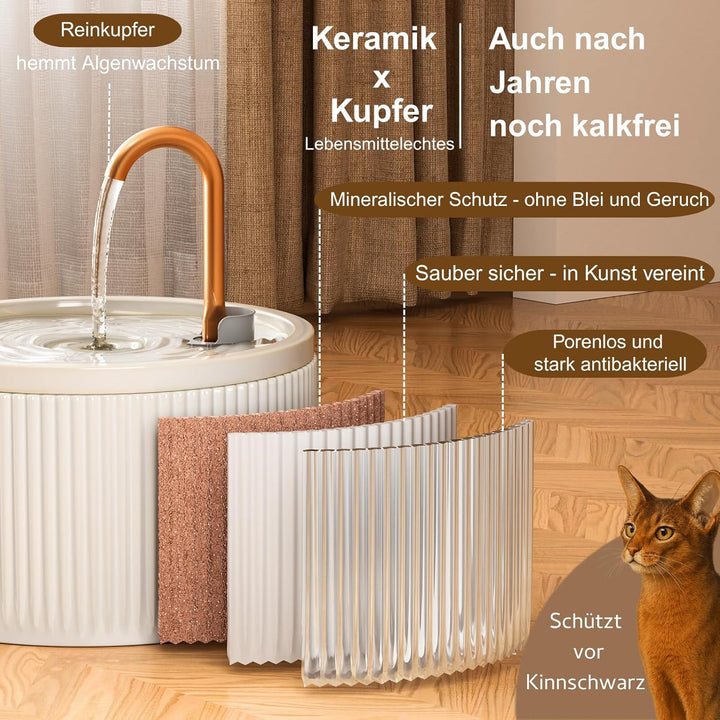 Keramik Katzenbrunnen 2.1L mit Kupferrohr, Trinkbrunnen für Katzen, Flüsterleiser Wasserspender für
